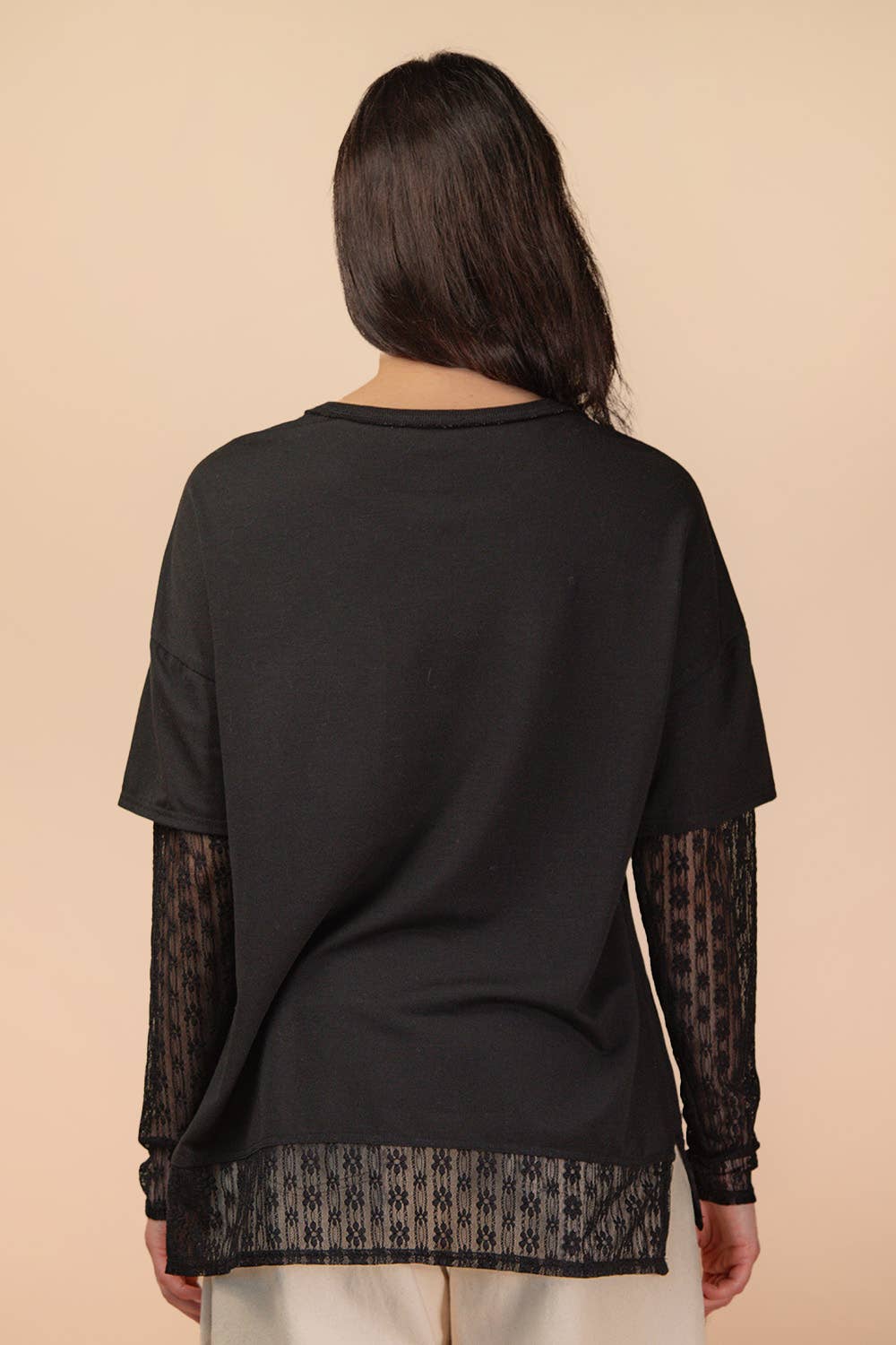 NT12351-Oversized Casual Knit Top W/ Lace: MOCHA / S-M-L/2-2-2