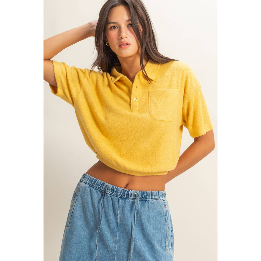 Collared Short Sleeve Crop Top: FRENCH VANILLA / S-M-L(2-2-2)
