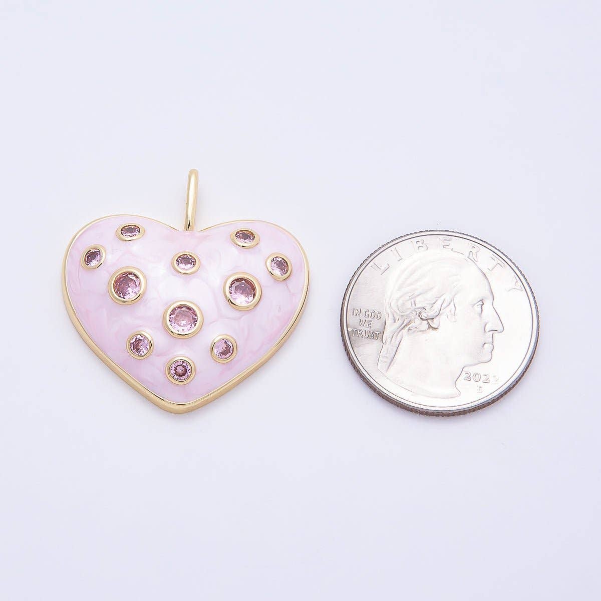 16K Gold Filled 30mm Pink CZ Dotted Glitter Enamel Heart Pendant | Charms-00856