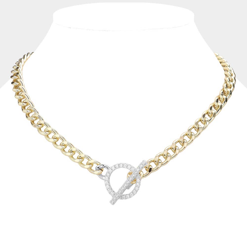 14K Gold Plated CZ Stone Paved Toggle Necklace: Gold