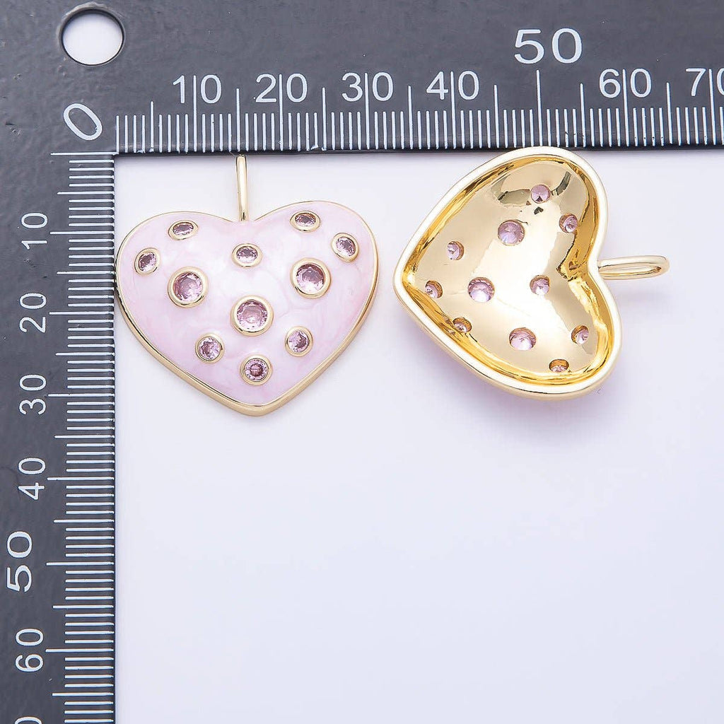 16K Gold Filled 30mm Pink CZ Dotted Glitter Enamel Heart Pendant | Charms-00856