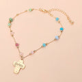 Grace Engraved Cross Charm Accent Beaded Anklet