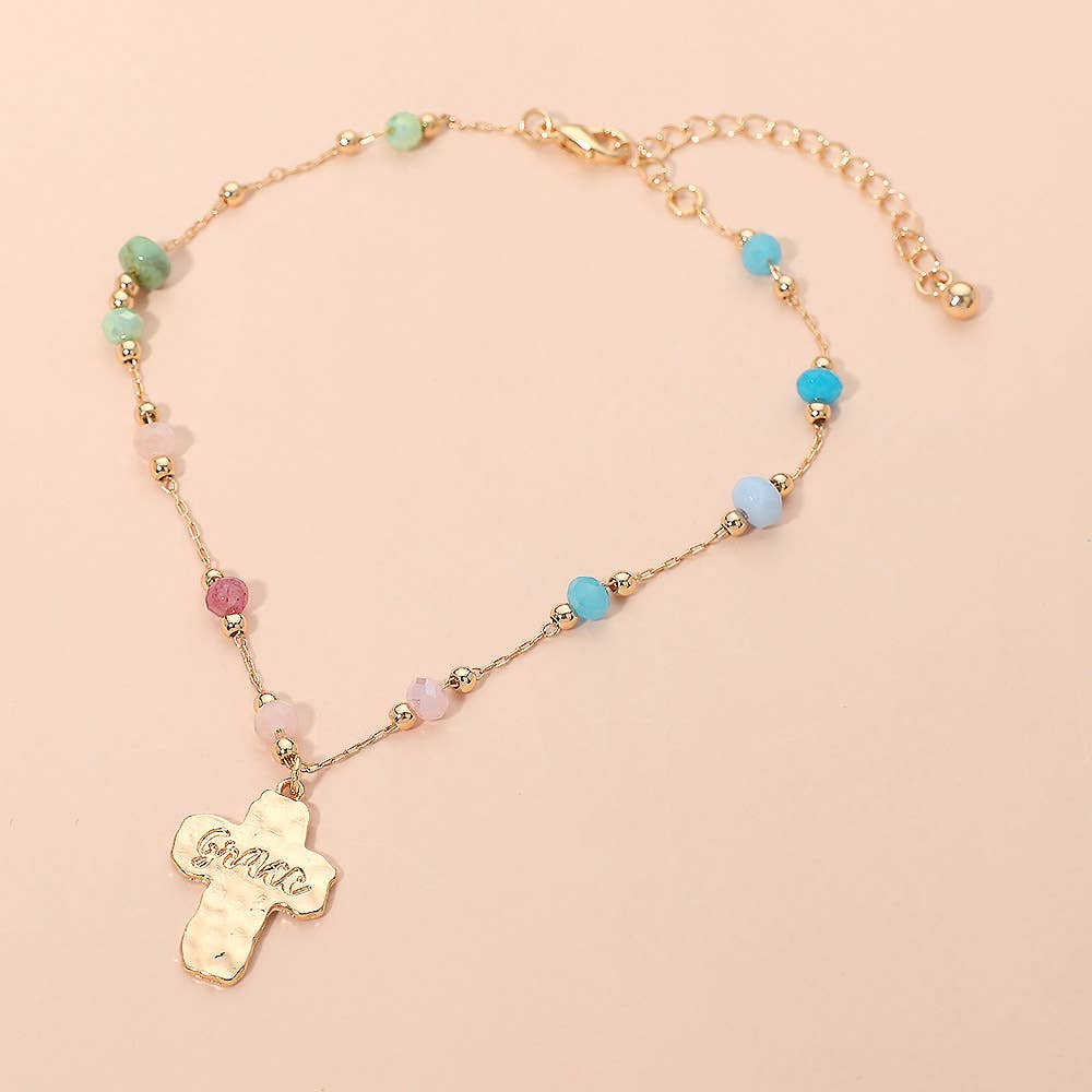 Grace Engraved Cross Charm Accent Beaded Anklet
