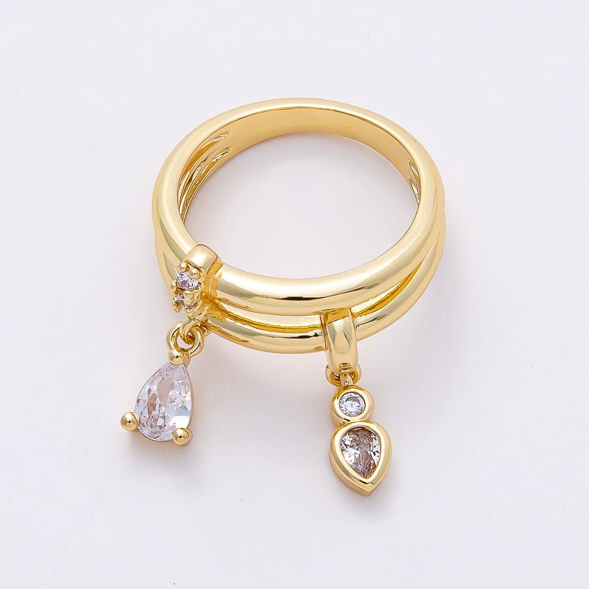 16K Gold Filled Clear Teardrop CZ Drop Double Band Ring | Rings-00115