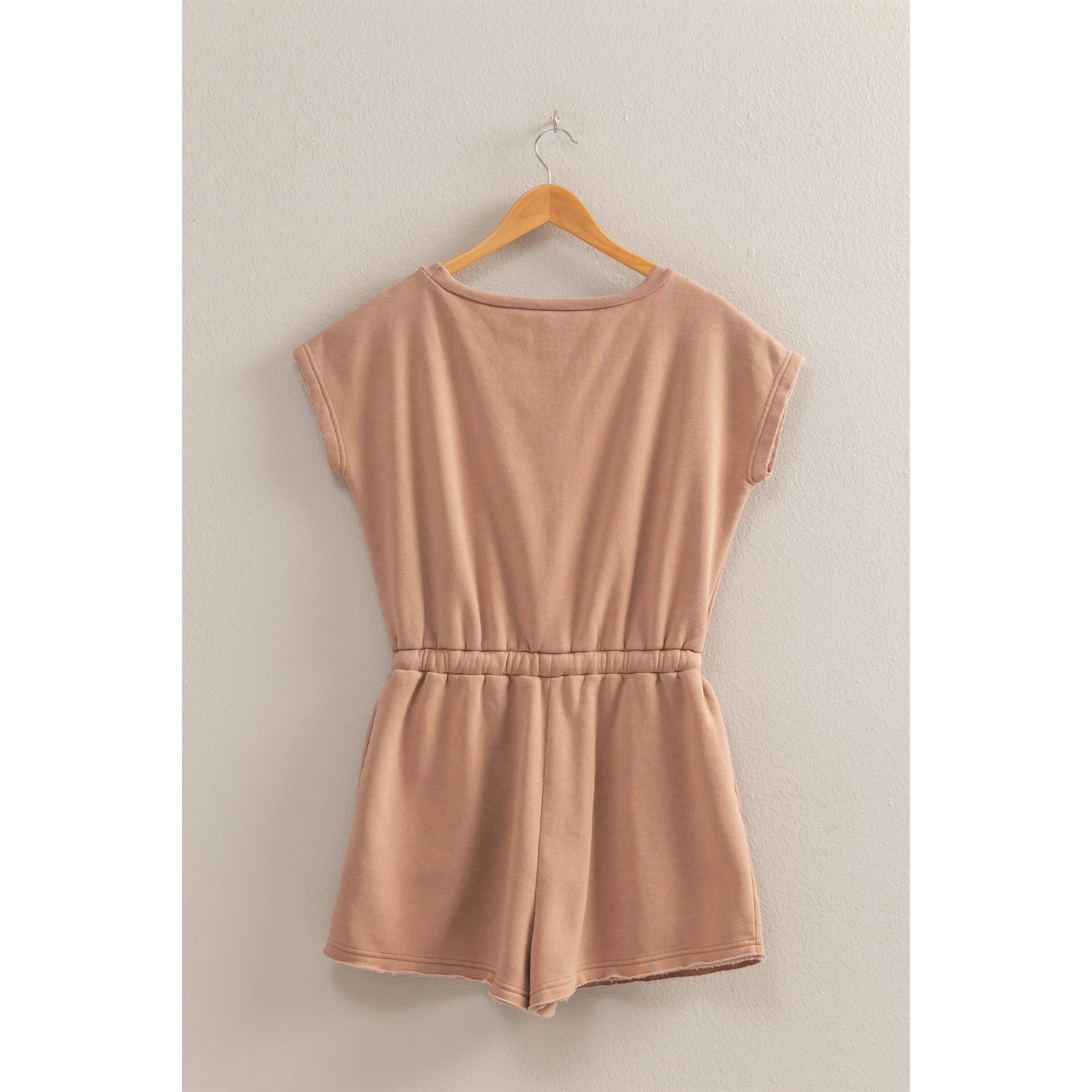 Cap Sleeve Drawstring Waist Romper: DARK TAUPE / S-M-L(2-2-2)