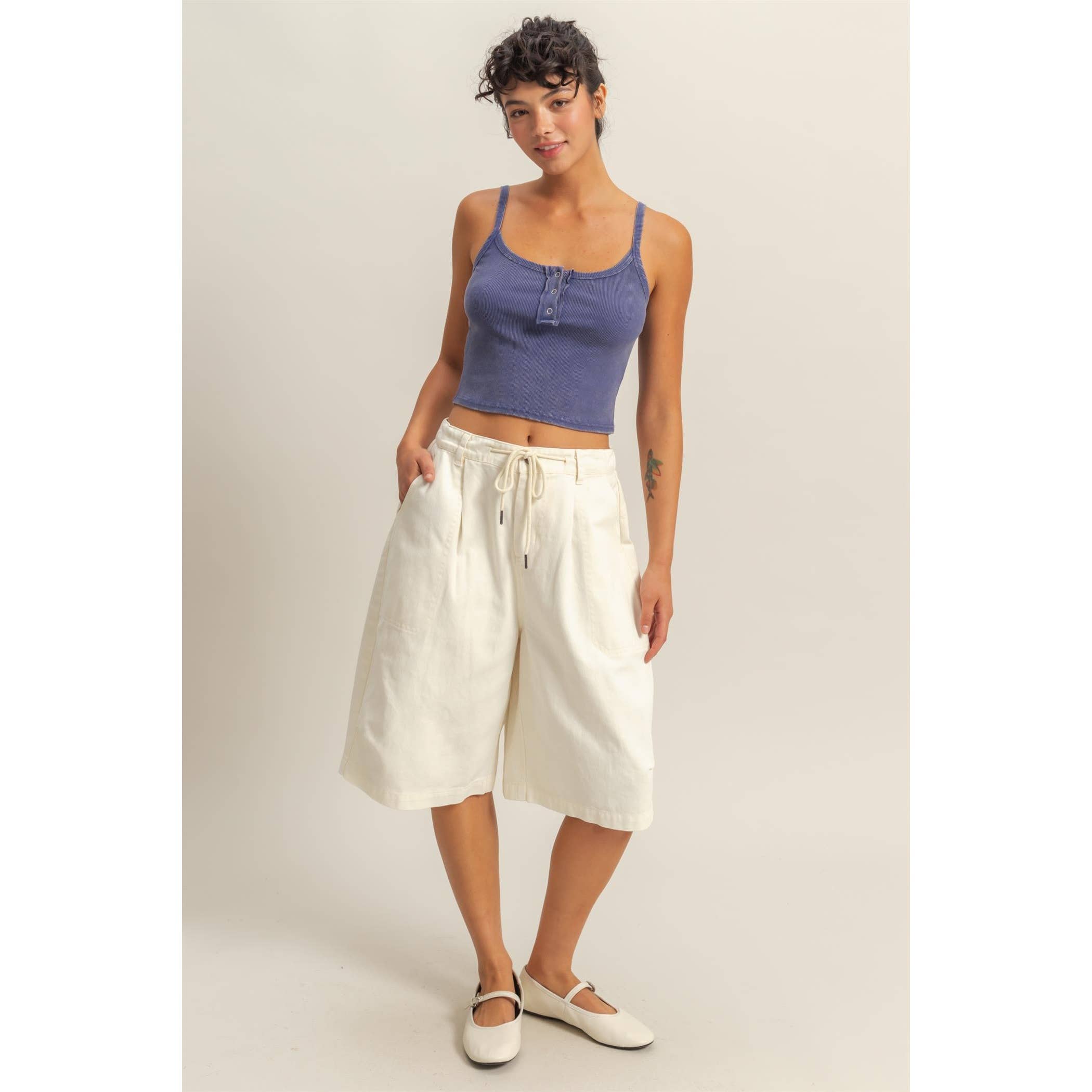 Drawstring Waist Wide Leg Jorts: CREAM / S-M-L(2-2-2)