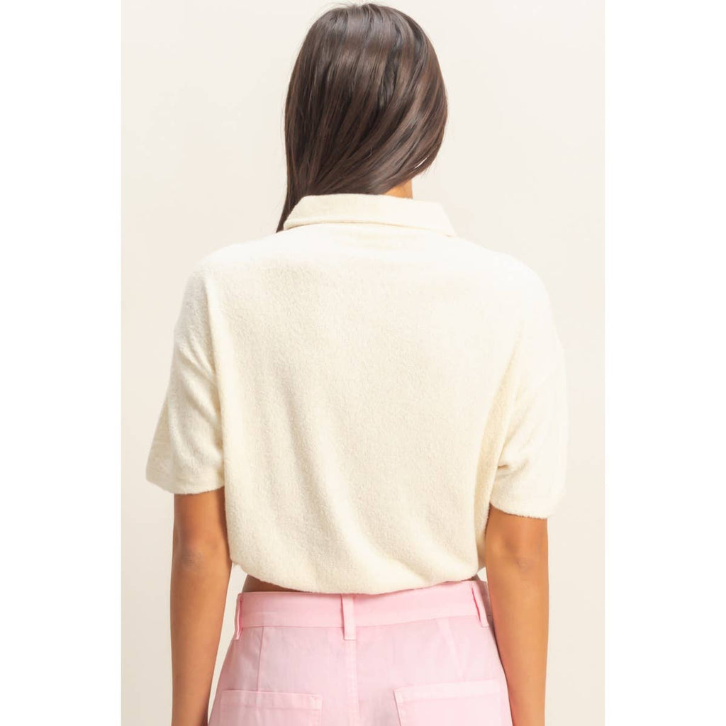 Collared Short Sleeve Crop Top: FRENCH VANILLA / S-M-L(2-2-2)