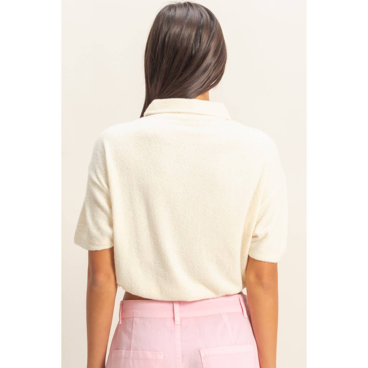 Collared Short Sleeve Crop Top: FRENCH VANILLA / S-M-L(2-2-2)