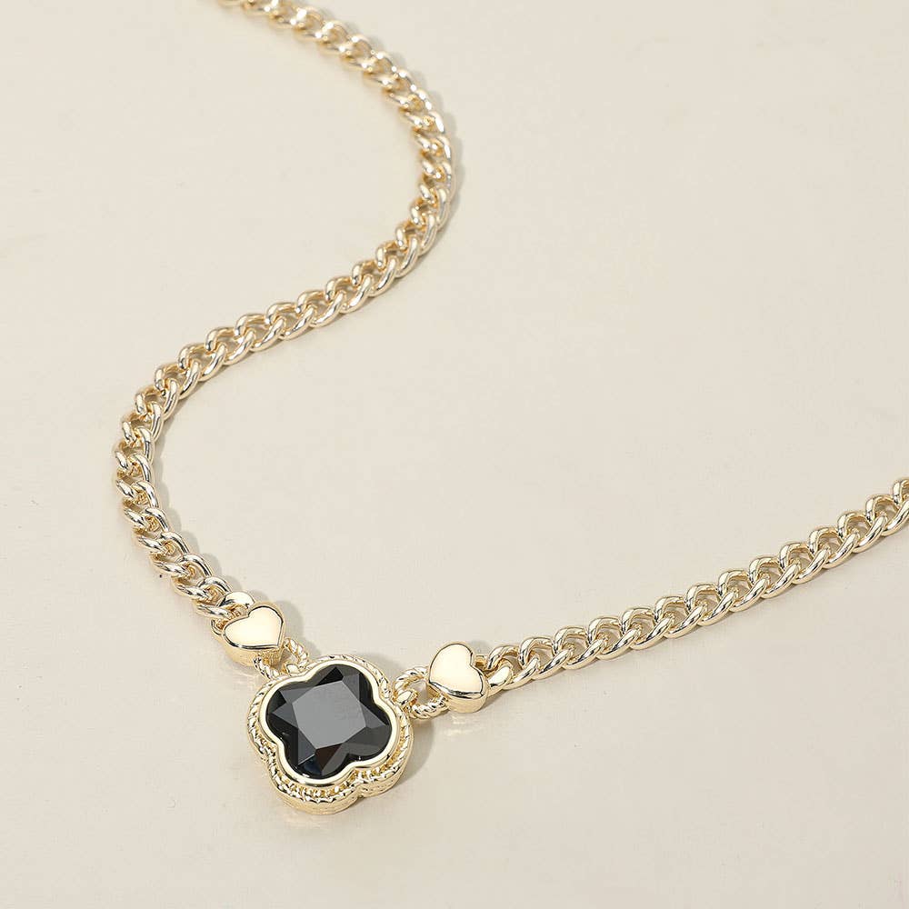 14K Gold Plated CZ Quatrefoil Pendant Pointed Chain Necklace: Blue