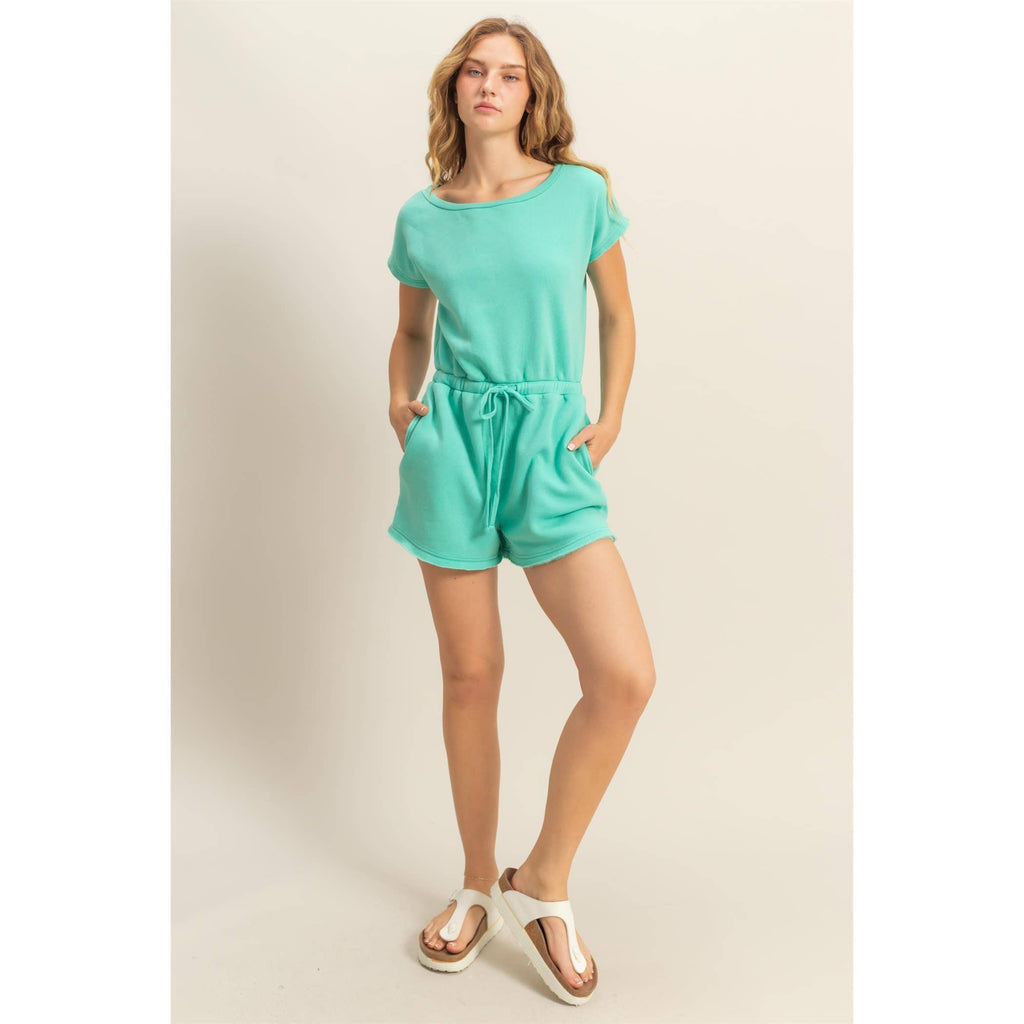 Cap Sleeve Drawstring Waist Romper: DARK TAUPE / S-M-L(2-2-2)