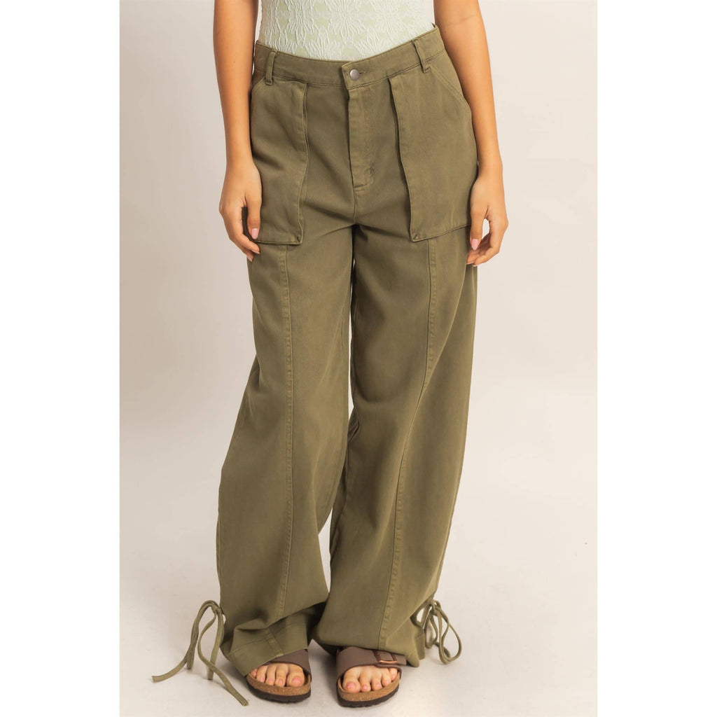High Rise Cargo Pants With Ankle Ties: PINK / S-M-L(2-2-2)