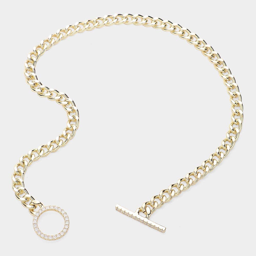 14K Gold Plated CZ Stone Paved Toggle Necklace: Gold