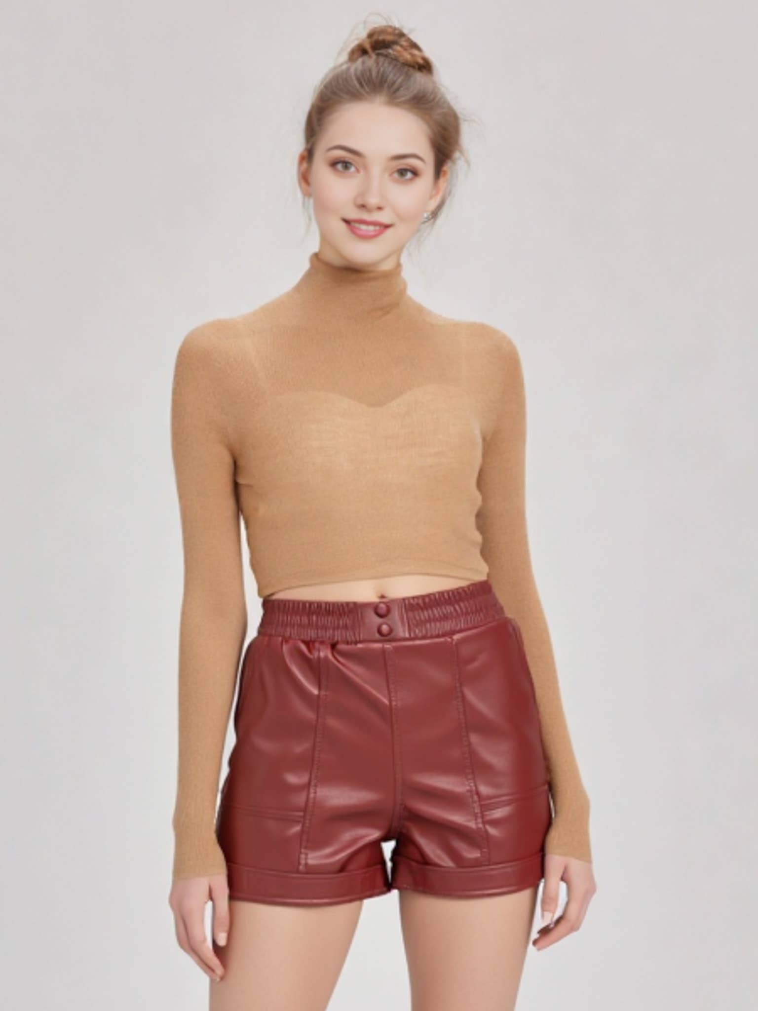NP70281-Faux Leather Casual Shorts: BEIGE / S-M-L/2-2-2