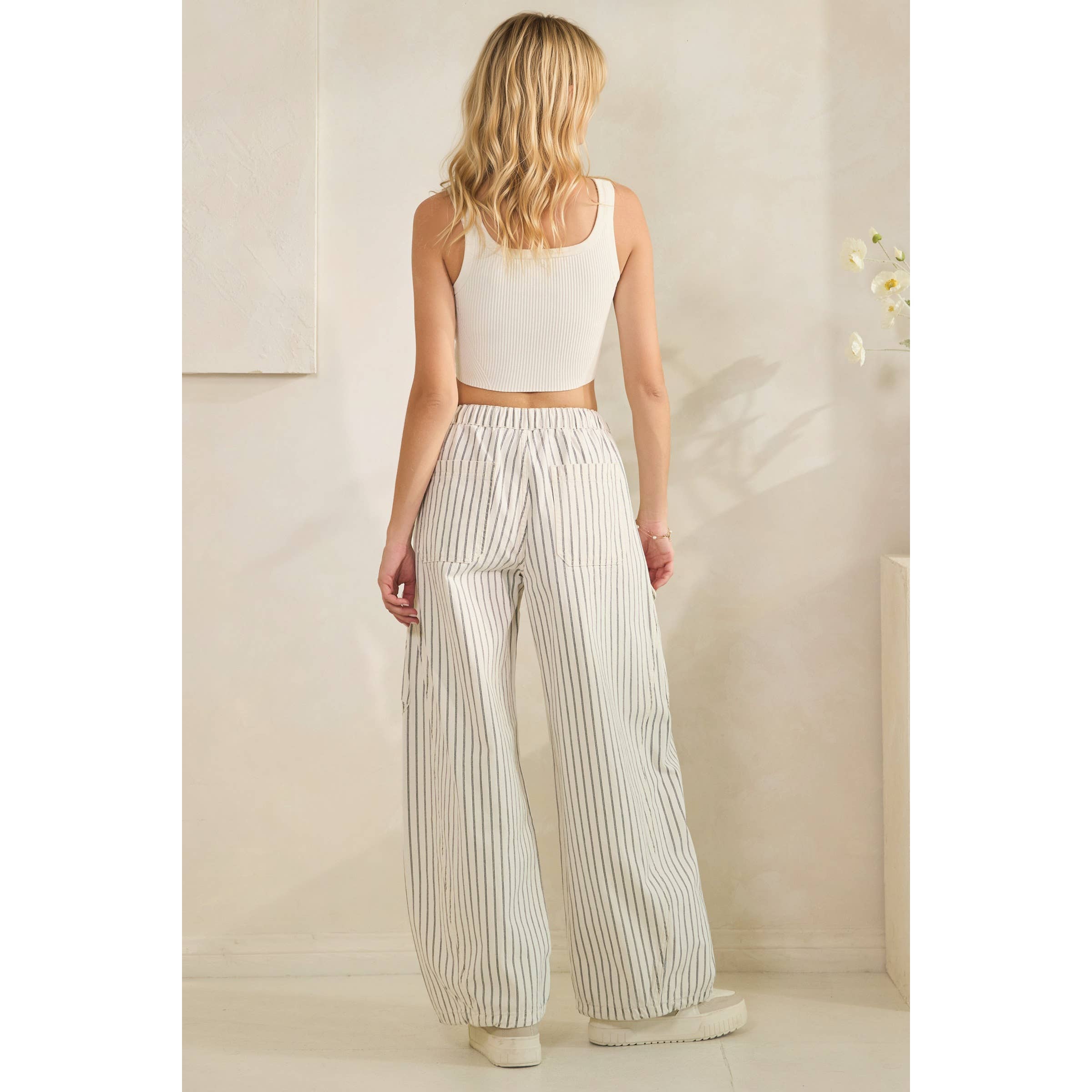 Easy Cargo Striped Pants: White / L