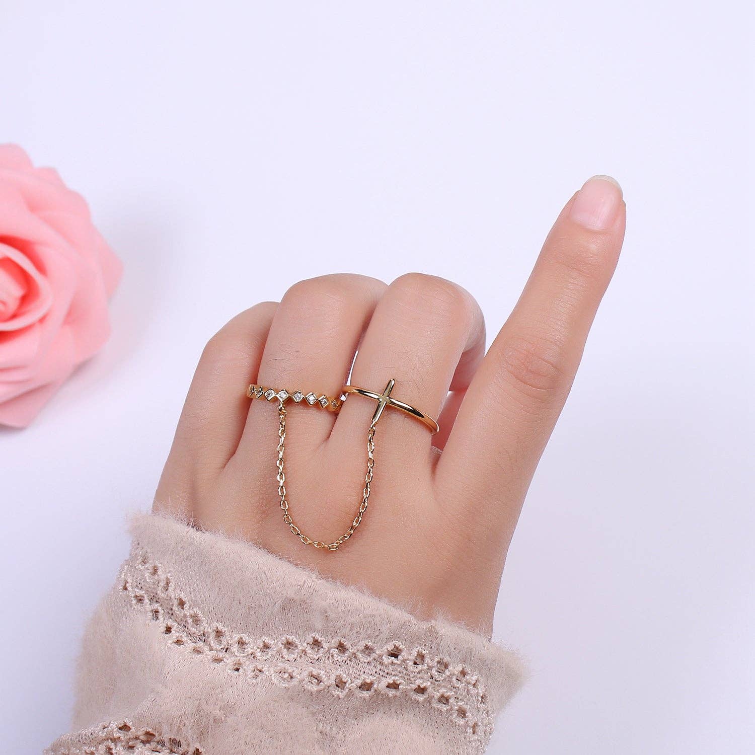Double Gold Adjustable Ring with chain & CZ  U191