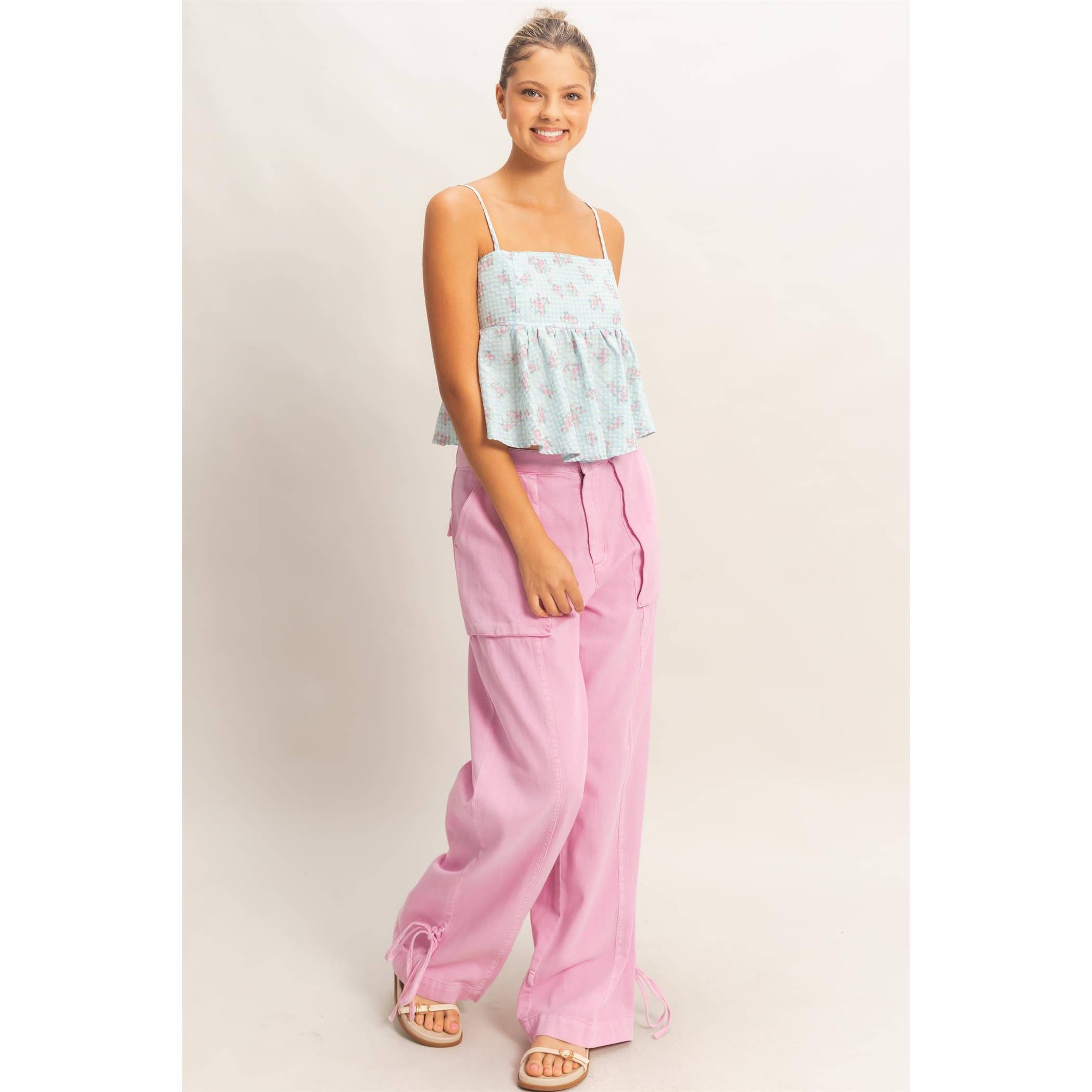 High Rise Cargo Pants With Ankle Ties: PINK / S-M-L(2-2-2)