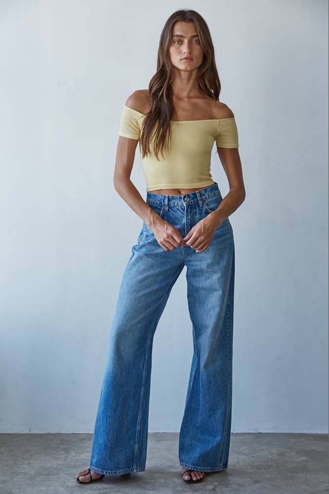 Knit Seamless Ribbed Off Shoulder Crop Top: Butter Yellow