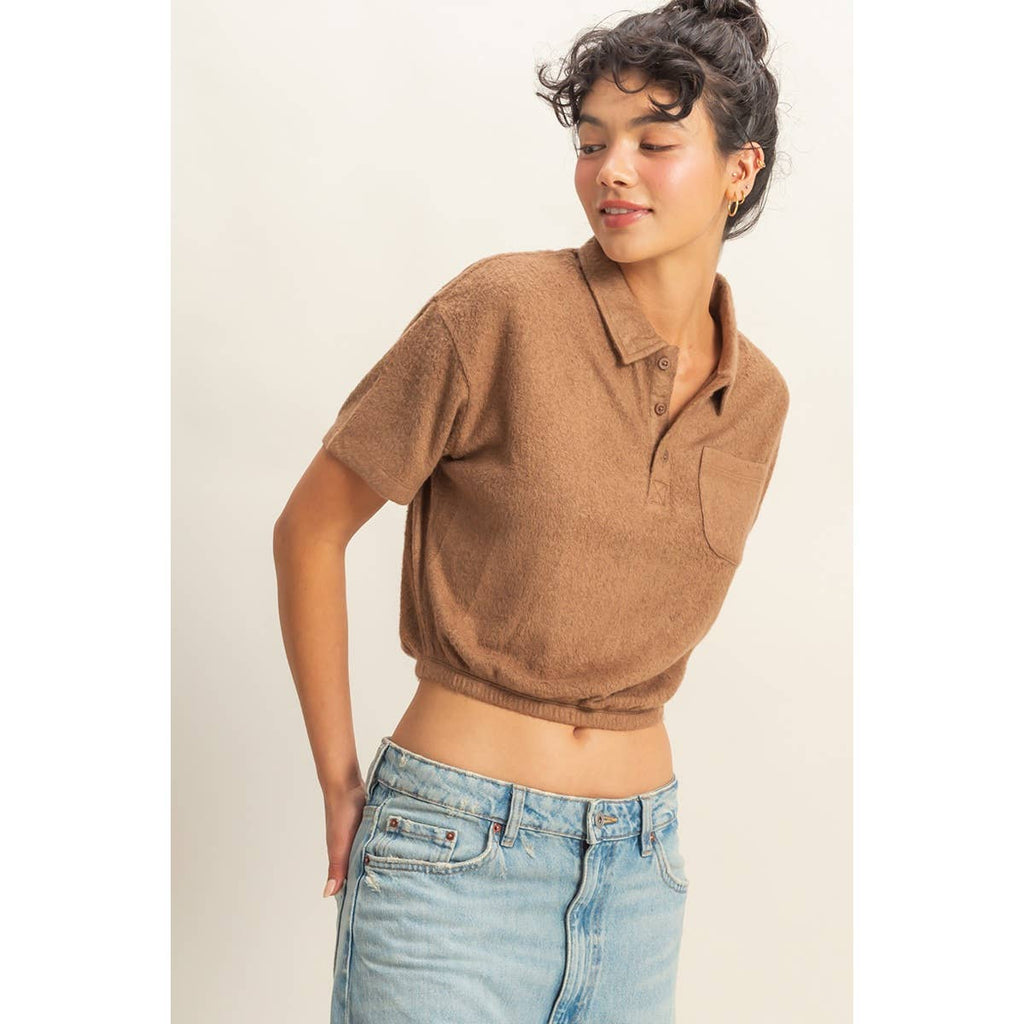 Collared Short Sleeve Crop Top: FRENCH VANILLA / S-M-L(2-2-2)