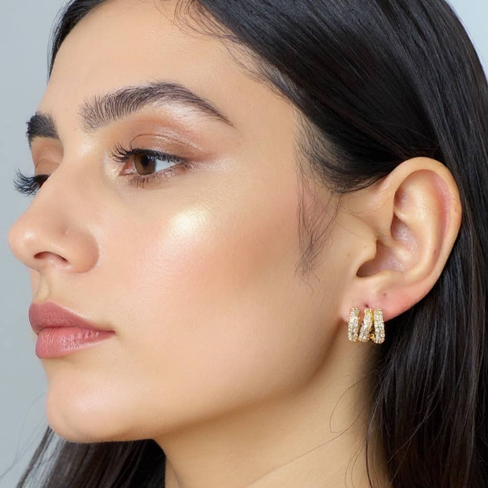 14K Gold Dipped CZ Stone Paved Triple Row Half Hoop Small Earrings: Gold