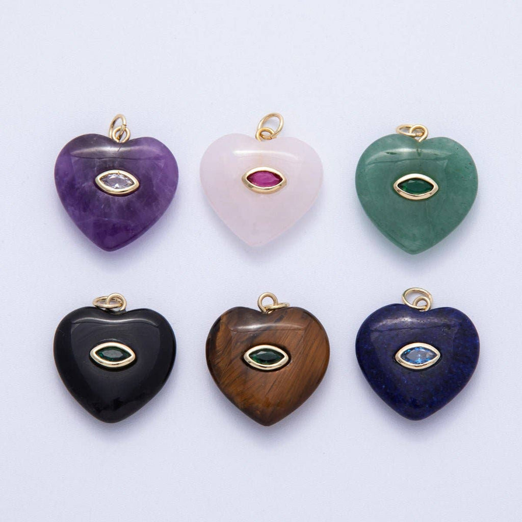 18K Gold Filled 21.5mm Marquise Embedded Rose Quartz, Amethyst, Onyx, Amazonite, Lapis Lazuli, Tiger Eye Heart Charm | AK218 - AK220: Rose Quartz