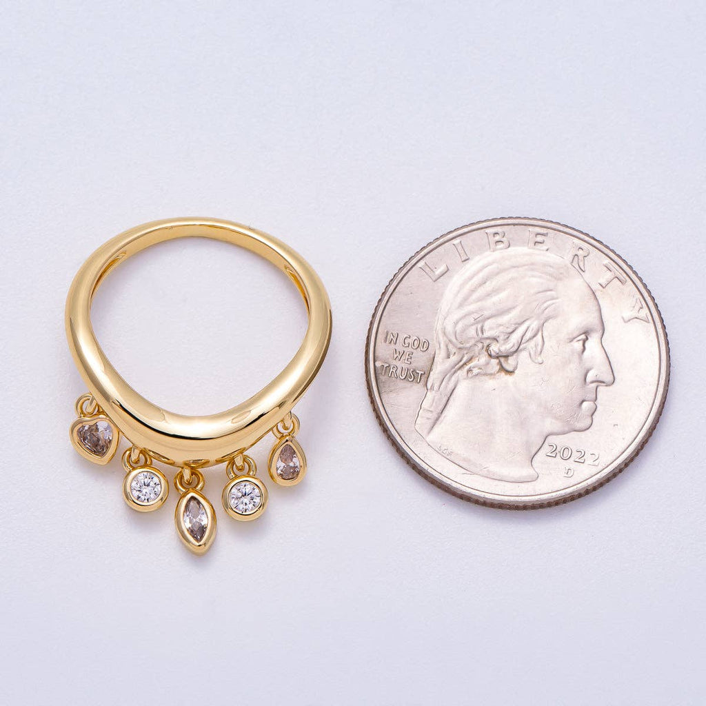 16K Gold Filled Clear CZ Drop Geometric Curved Ring | Rings-00075