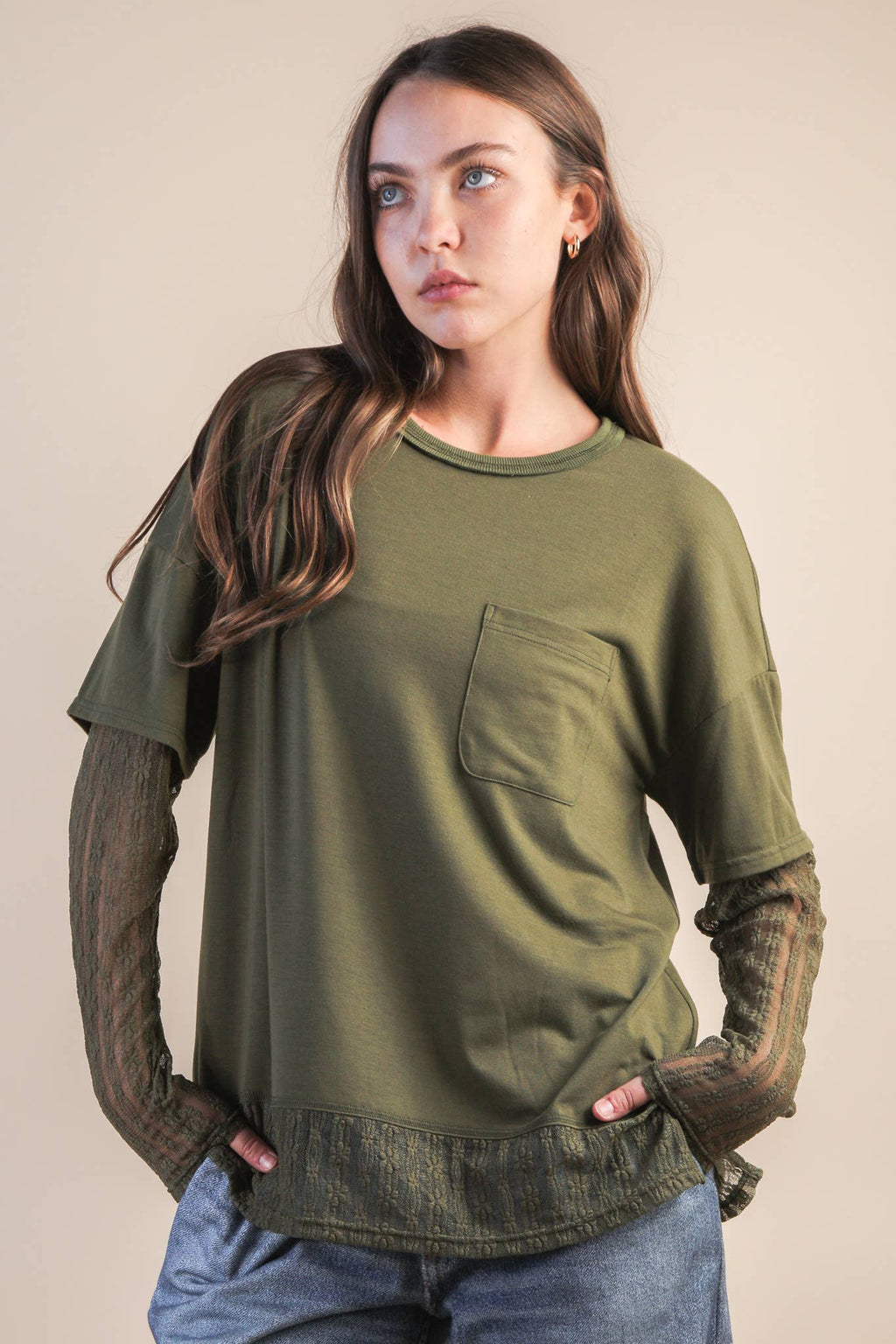 NT12351-Oversized Casual Knit Top W/ Lace: MOCHA / S-M-L/2-2-2