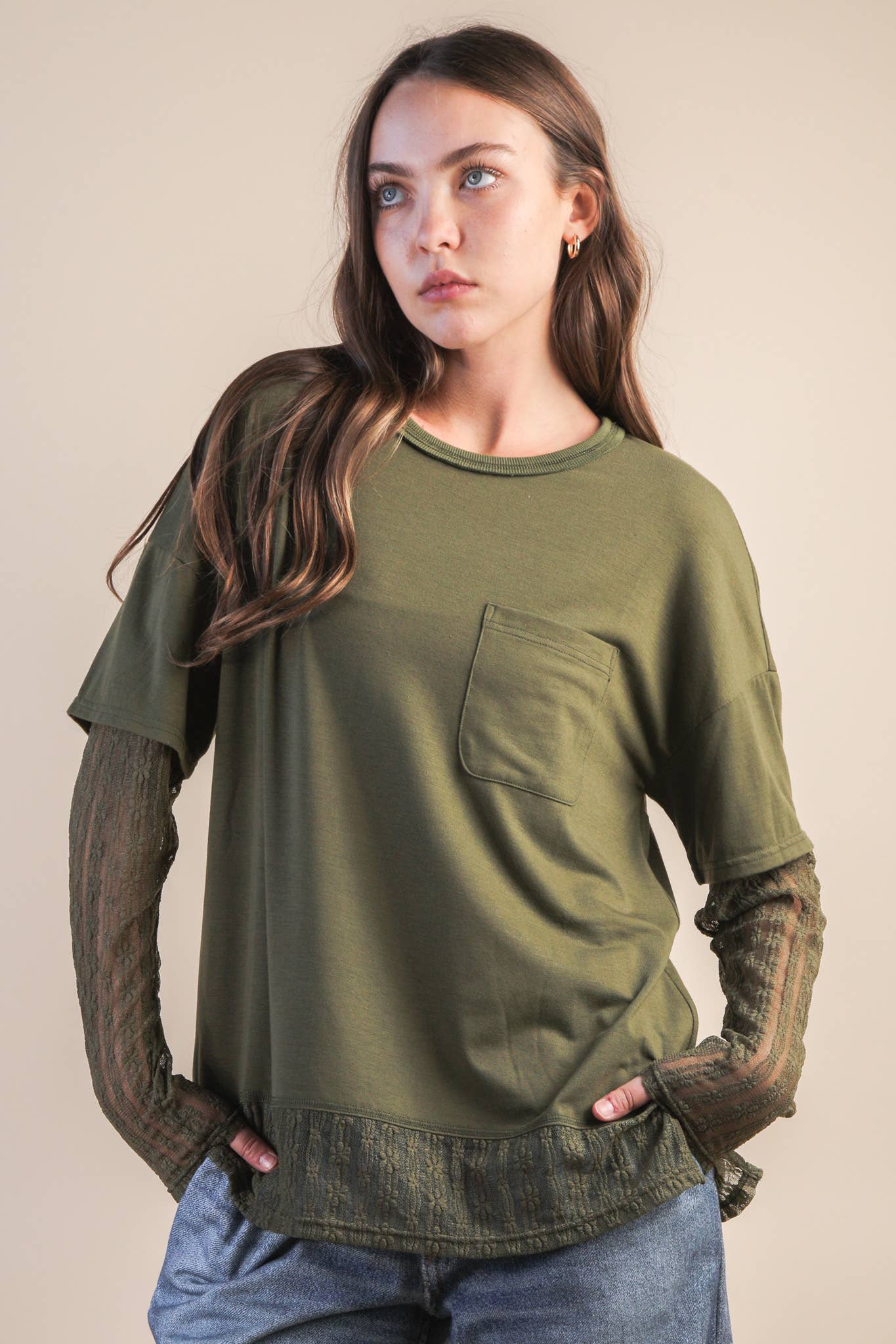 NT12351-Oversized Casual Knit Top W/ Lace: MOCHA / S-M-L/2-2-2