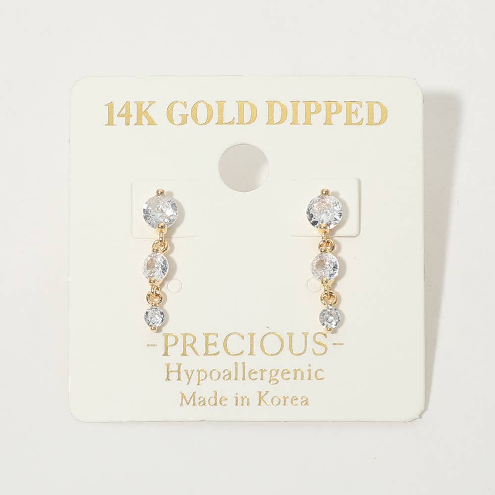 14K Gold Dipped Hypoallergenic Graduated Stone Link Drop Earrings: Rhodium