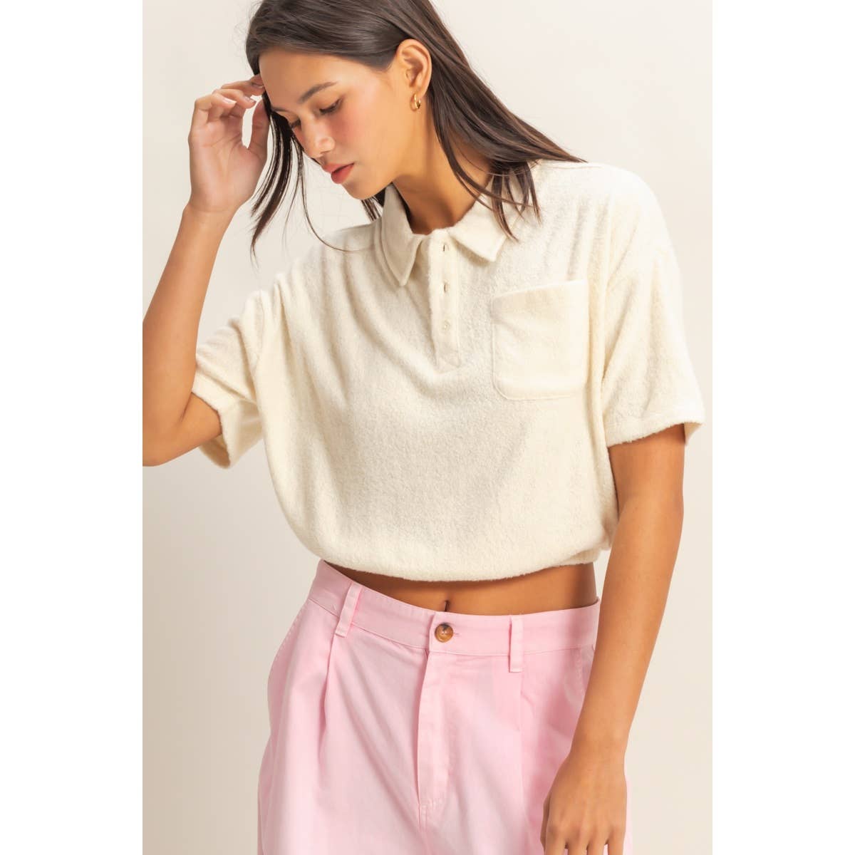 Collared Short Sleeve Crop Top: FRENCH VANILLA / S-M-L(2-2-2)