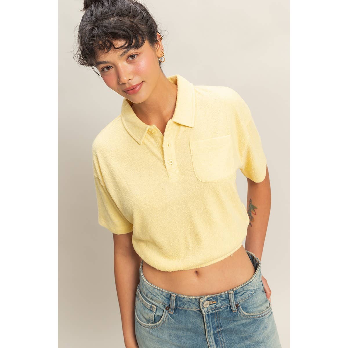 Collared Short Sleeve Crop Top: FRENCH VANILLA / S-M-L(2-2-2)