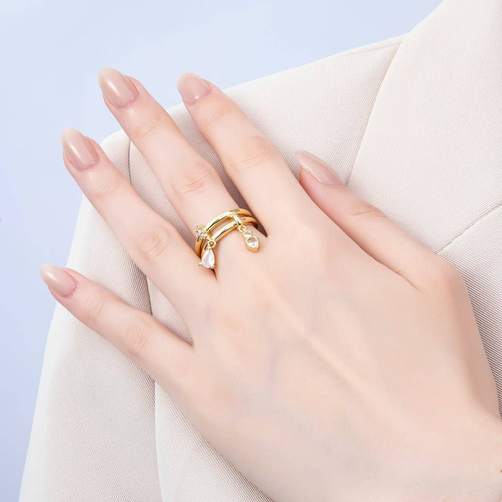 16K Gold Filled Clear Teardrop CZ Drop Double Band Ring | Rings-00115