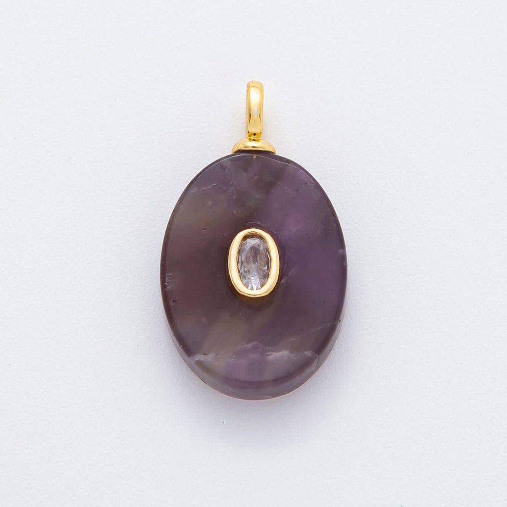 18K Gold Filled CZ Embedded Natural Gemstone Oval Charm | N720 - N741: Rose Quartz