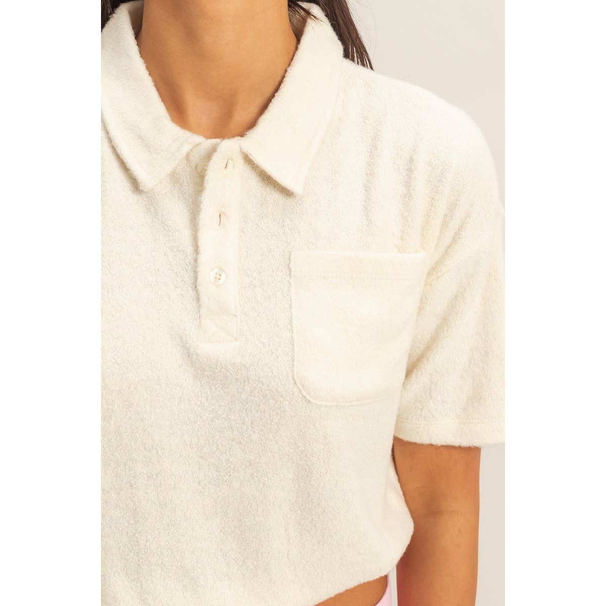Collared Short Sleeve Crop Top: FRENCH VANILLA / S-M-L(2-2-2)