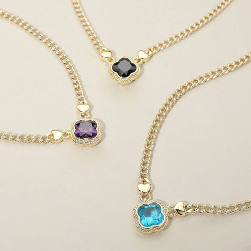 14K Gold Plated CZ Quatrefoil Pendant Pointed Chain Necklace: Blue
