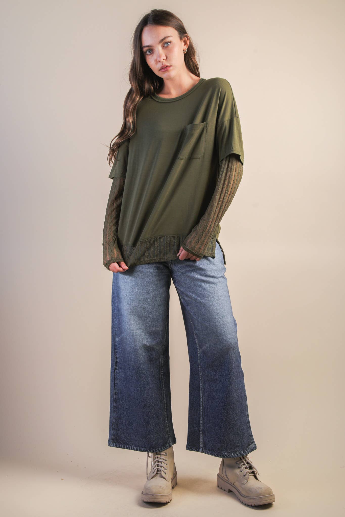 NT12351-Oversized Casual Knit Top W/ Lace: MOCHA / S-M-L/2-2-2