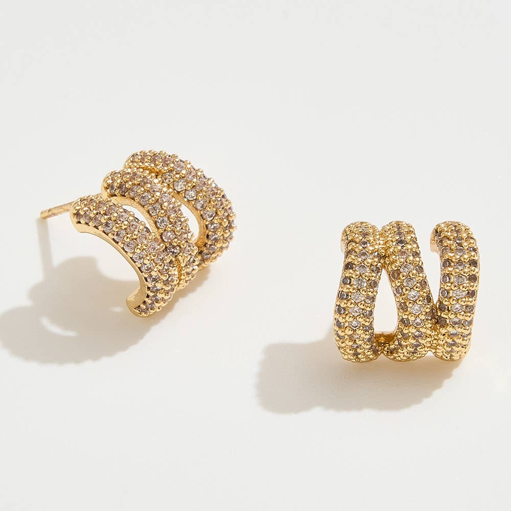 14K Gold Dipped CZ Stone Paved Triple Row Half Hoop Small Earrings: Gold