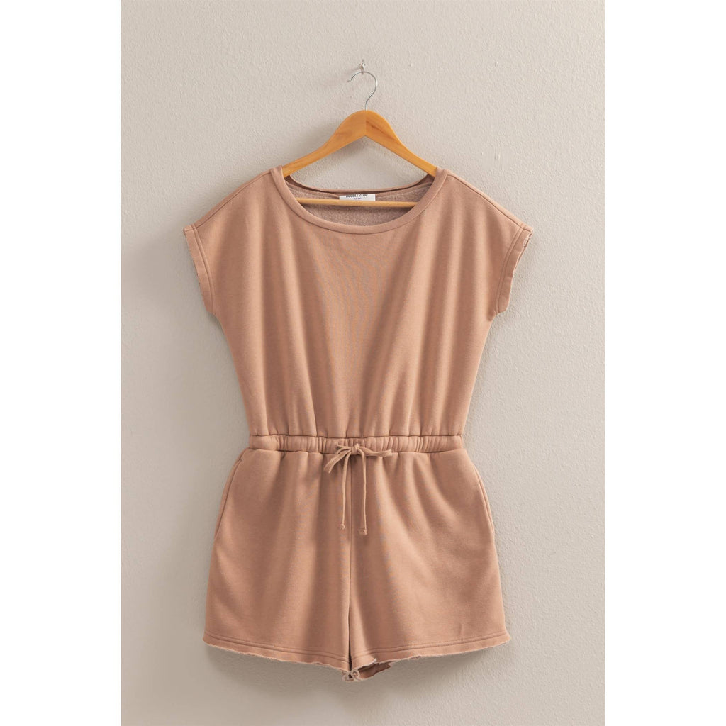Cap Sleeve Drawstring Waist Romper: DARK TAUPE / S-M-L(2-2-2)