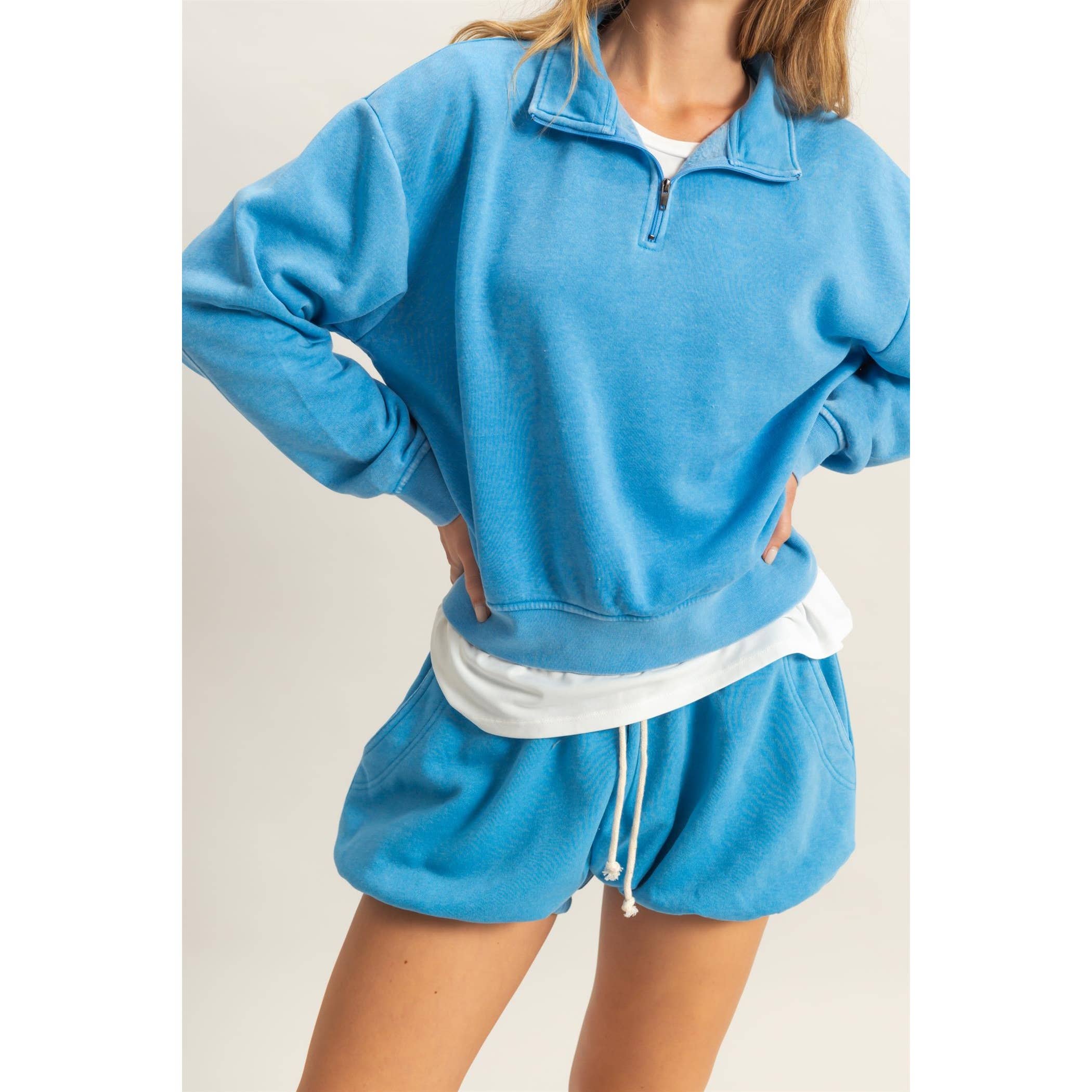 Drawstring Waist Bubbled Hem Shorts: HEATHER GRAY / S-M-L(2-2-2)