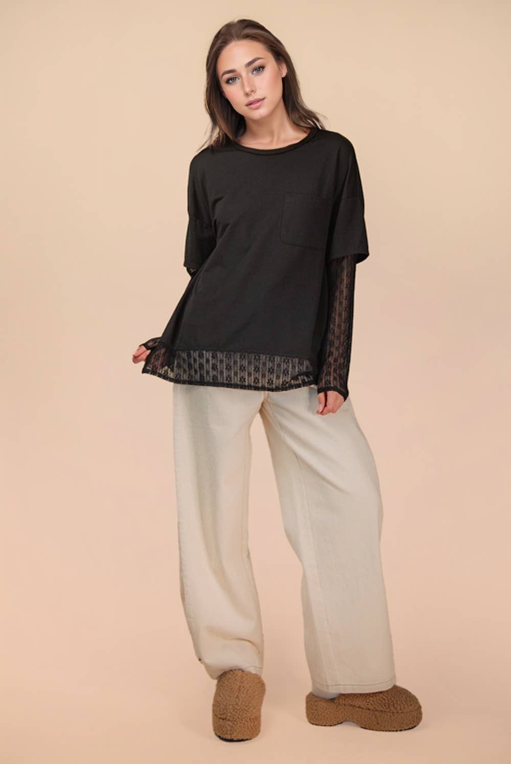 NT12351-Oversized Casual Knit Top W/ Lace: MOCHA / S-M-L/2-2-2