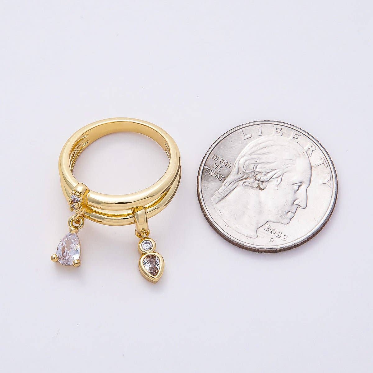 16K Gold Filled Clear Teardrop CZ Drop Double Band Ring | Rings-00115