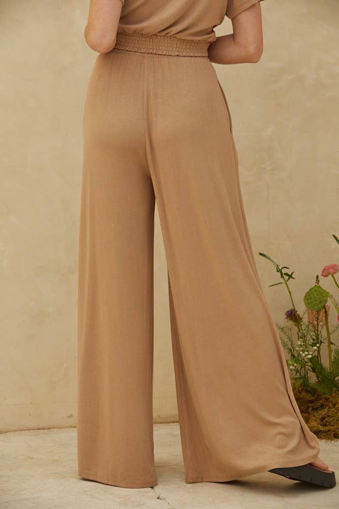 L6203 | Knit Rayon Span Ribbed Waist Banded Wide Leg Pants: Camel / Medium