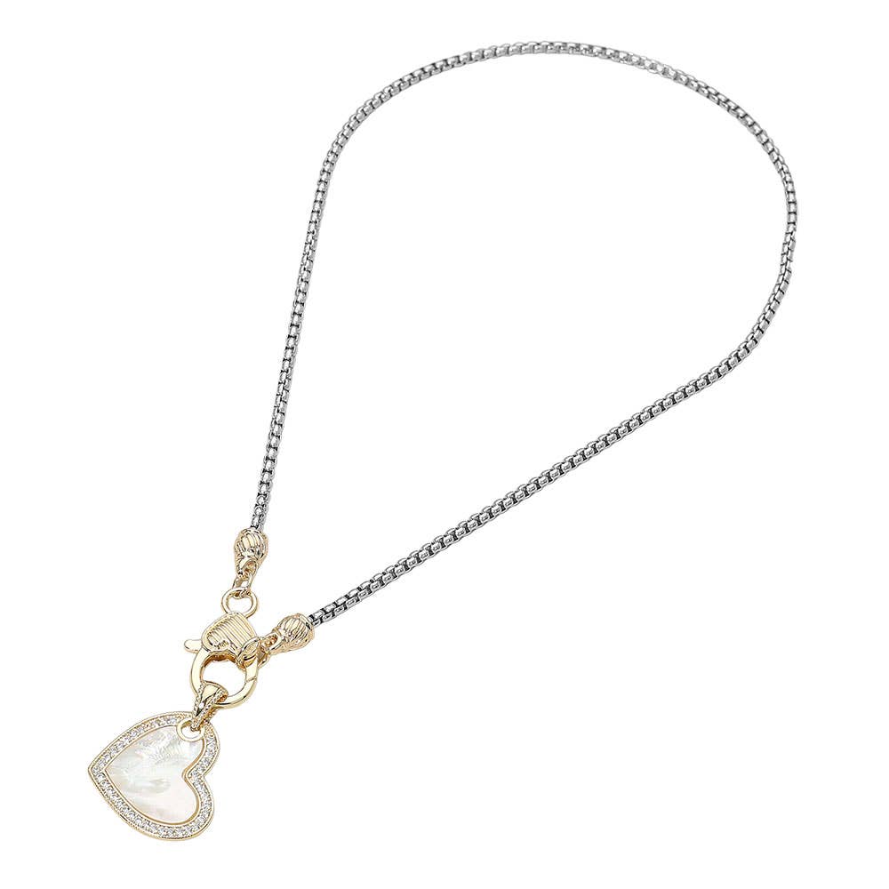 14K Gold Plated Two Tone CZ Stone Paved Mother of Pearl Heart Pendant Necklace