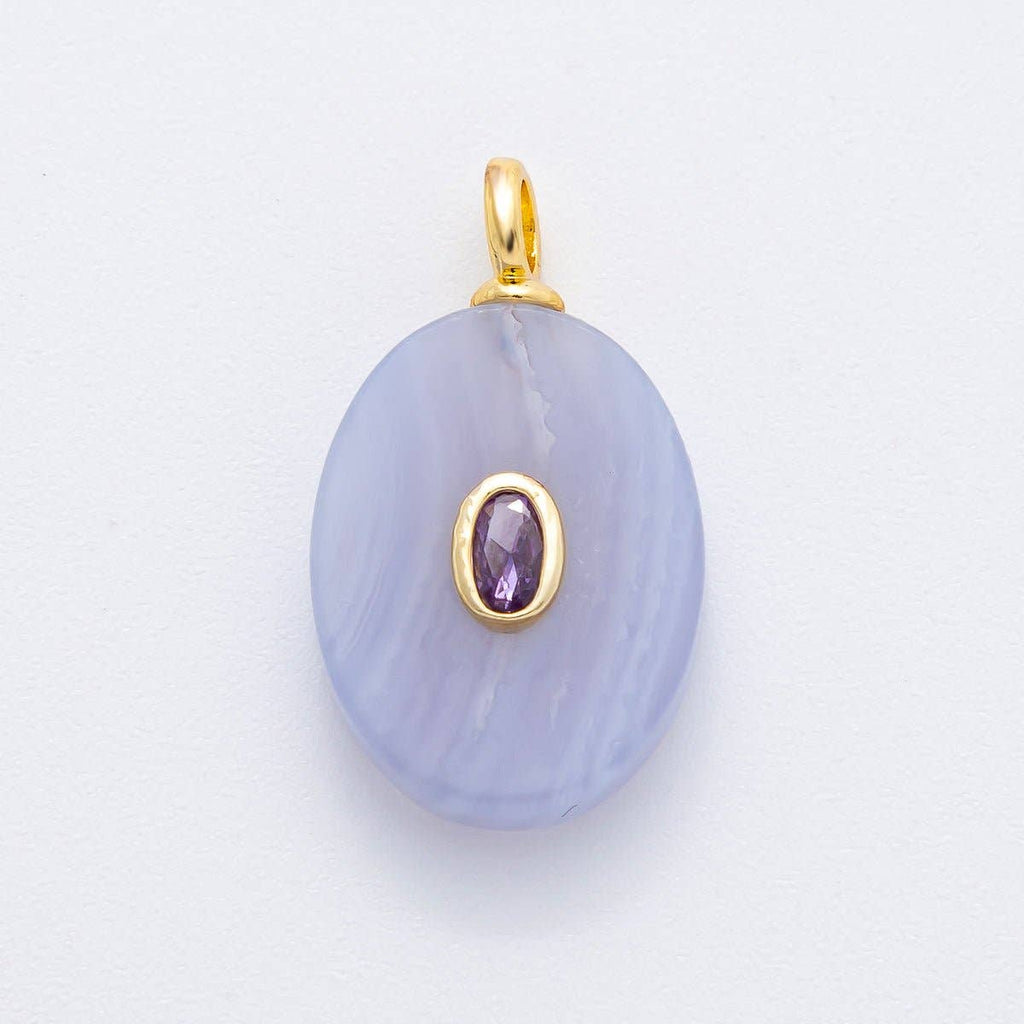 18K Gold Filled CZ Embedded Natural Gemstone Oval Charm | N720 - N741: Rose Quartz