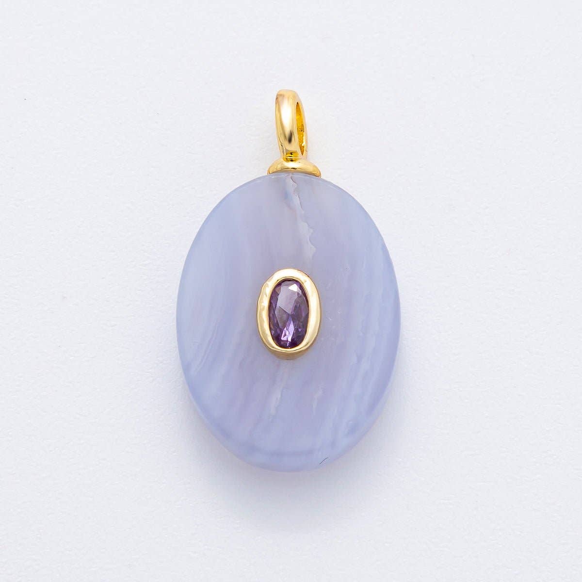 18K Gold Filled CZ Embedded Natural Gemstone Oval Charm | N720 - N741: Rose Quartz