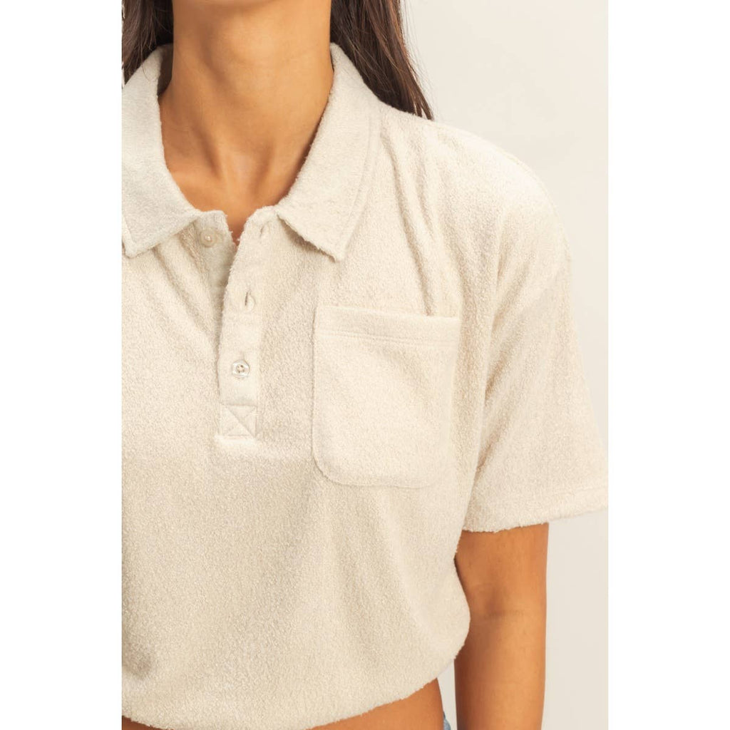 Collared Short Sleeve Crop Top: FRENCH VANILLA / S-M-L(2-2-2)
