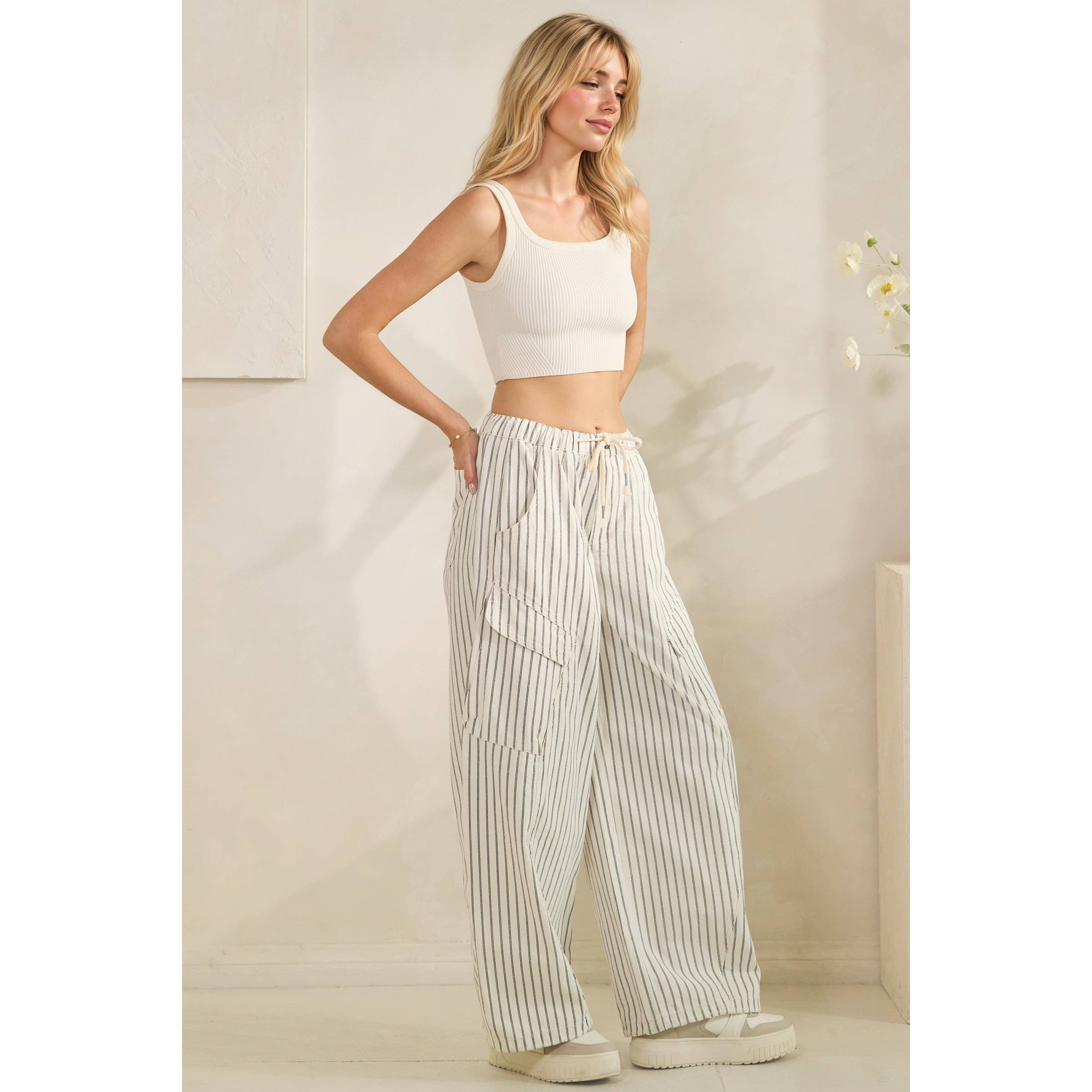Easy Cargo Striped Pants: White / S