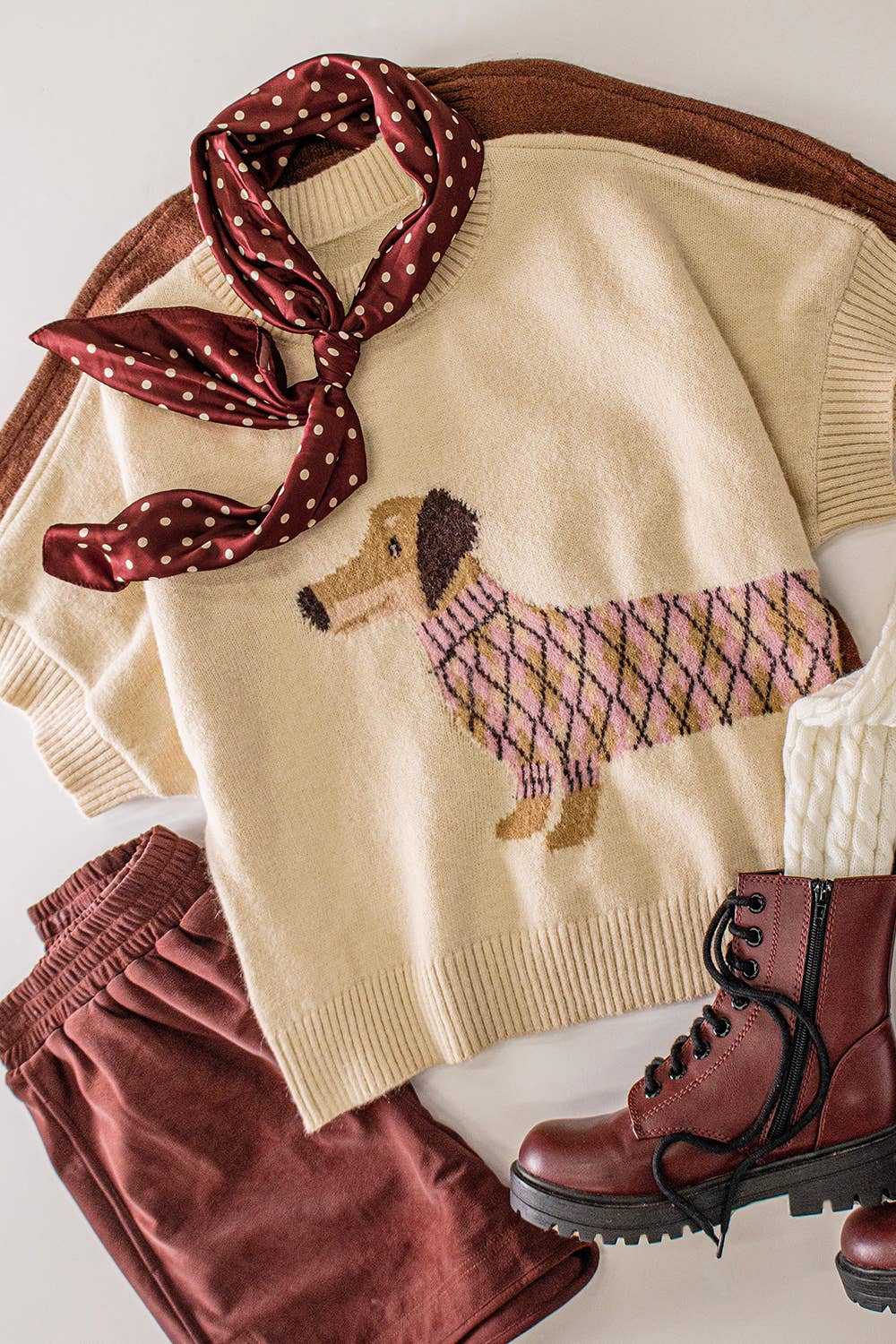 12W3672N-Dog Graphic Short Sleeve Knit: OATMEAL / S-M-L/2-2-2