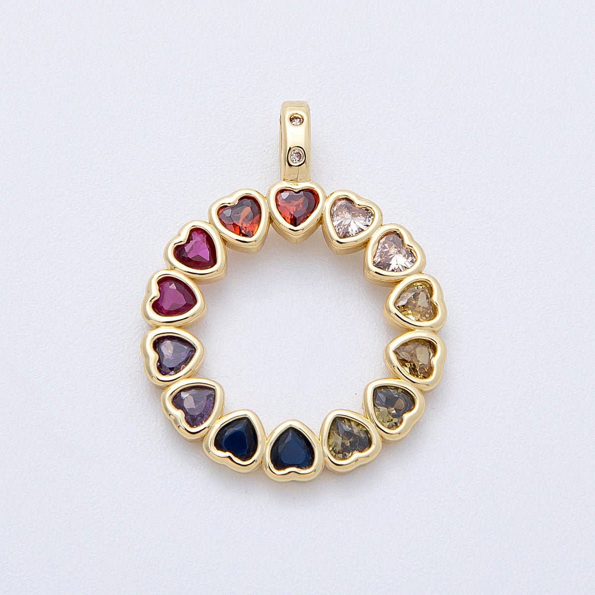 16K Gold Filled 26mm Multicolor CZ Heart Open Round Pendant | Charms-00124