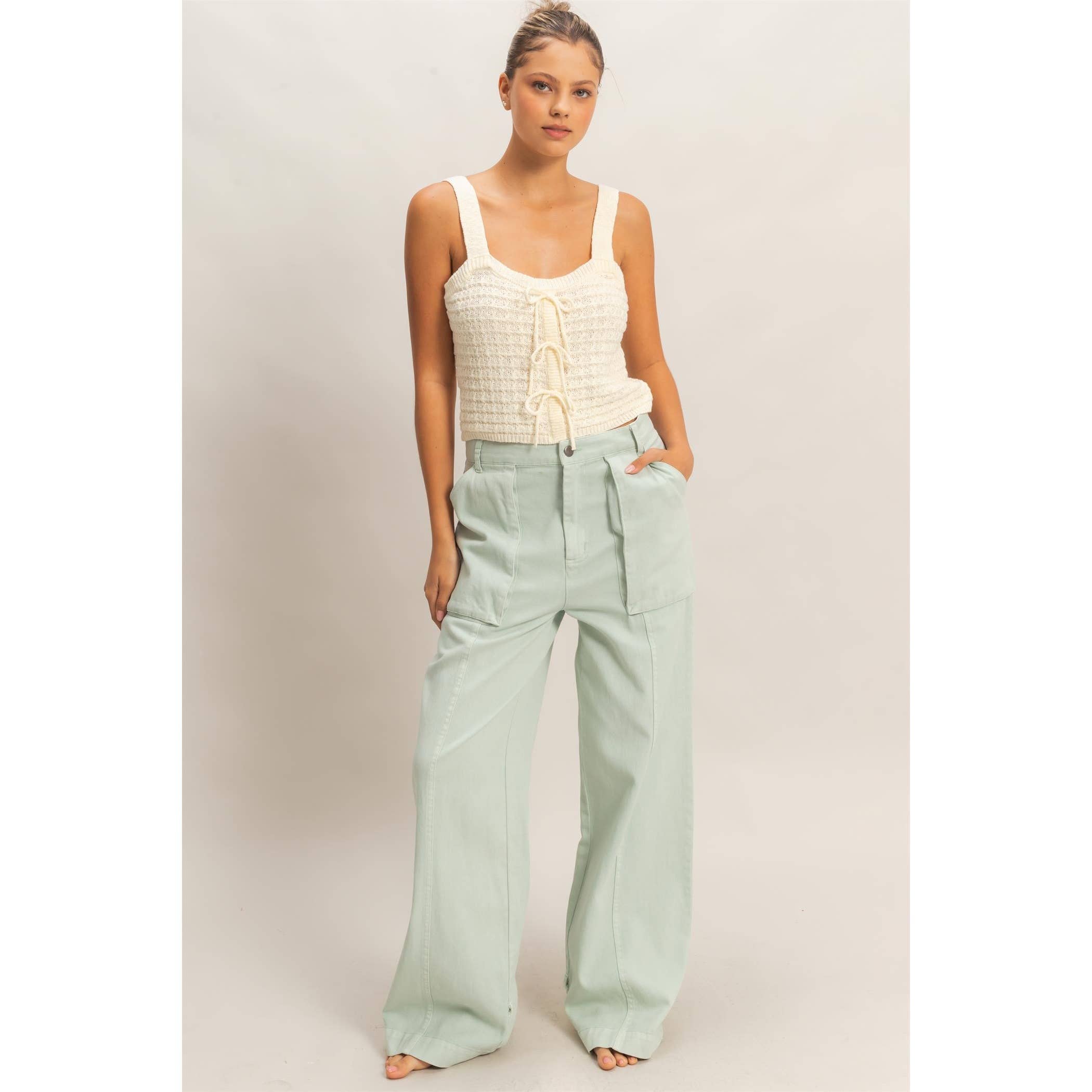 High Rise Cargo Pants With Ankle Ties: PINK / S-M-L(2-2-2)