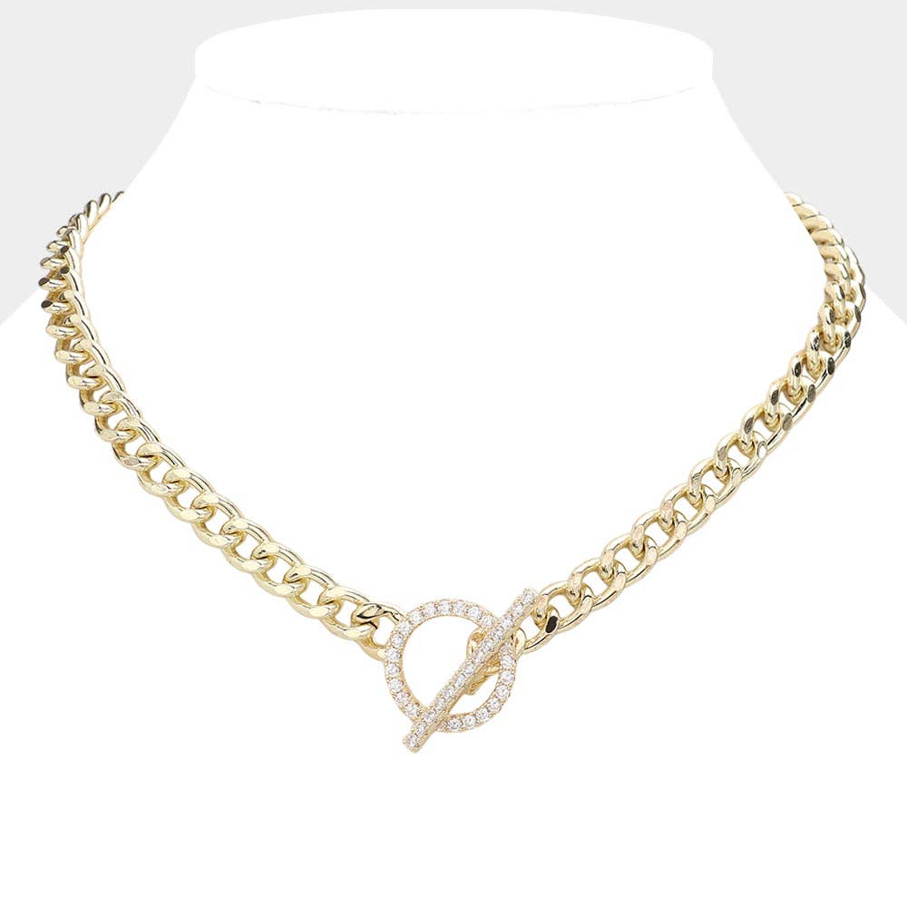 14K Gold Plated CZ Stone Paved Toggle Necklace: Gold